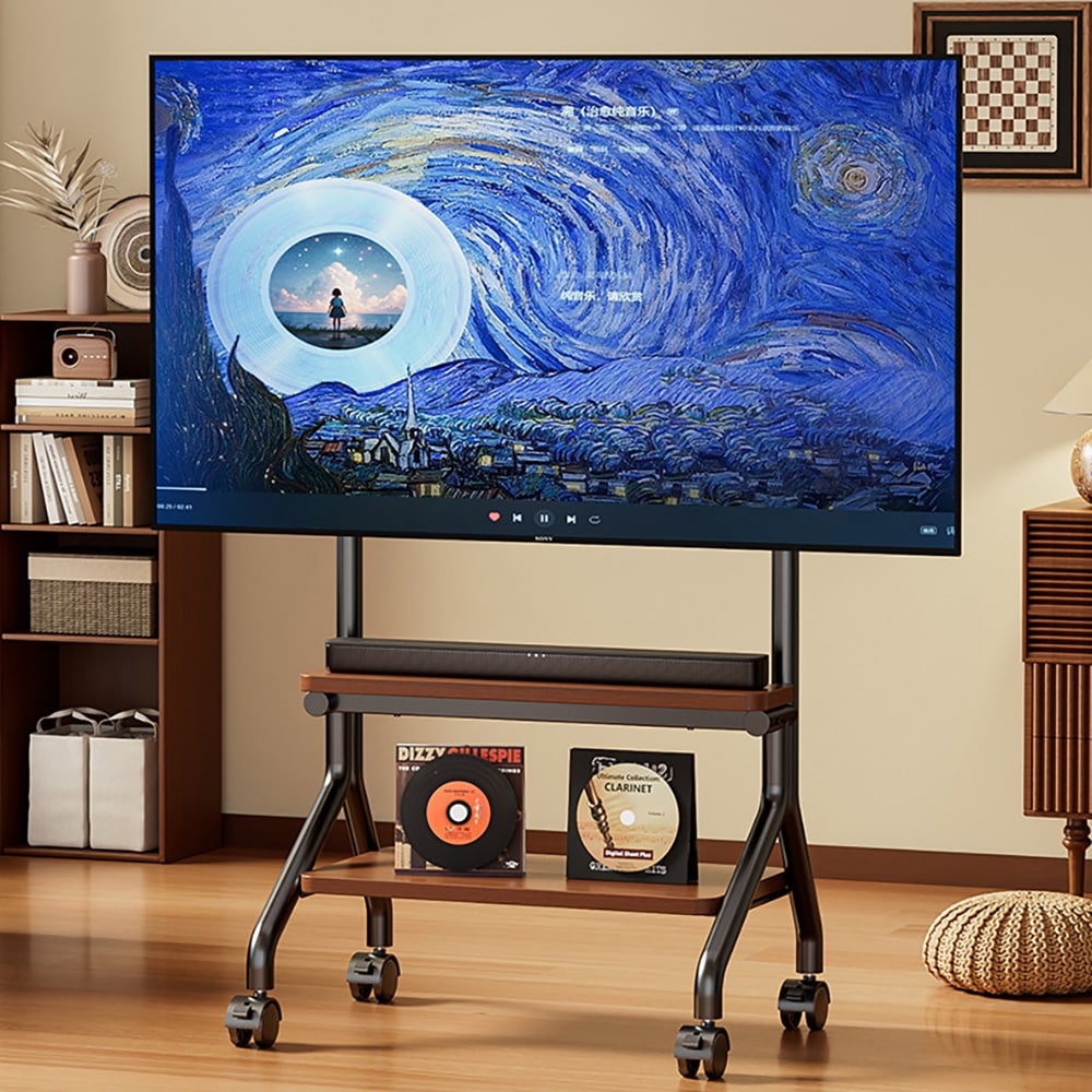 Gulvstativ til TV 32–90″ / TV-stativ med hjul, 2 hylder og VESA op til 600 × 600 mm