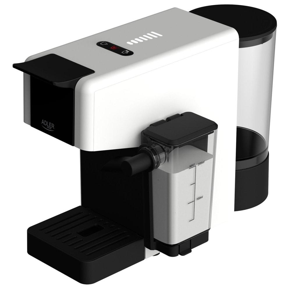 Adler AD 4391 kapselmaskine / kaffemaskine med mælkeskummer, 20 bar og 8 adaptere – Hvid/sort