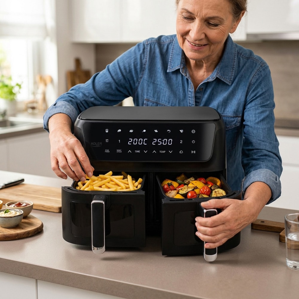 Adler AD 6324 dobbelt airfryer 11 l / varmluftsfriture med 2 kurve og 8 programmer – Sort