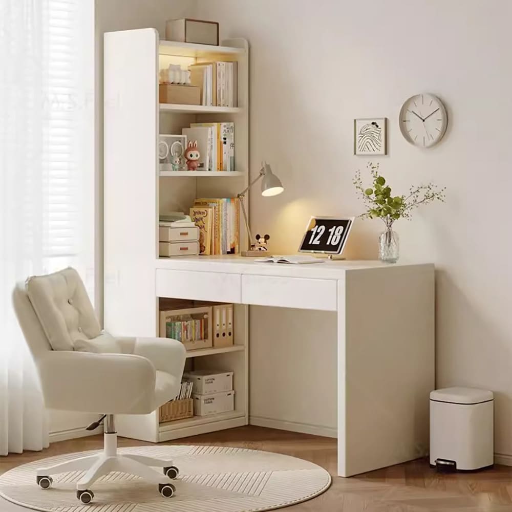 Bogreol med skrivebord / computerbord med åbne hylder og 2 skuffer 140 x 50 x 170 cm – hvid