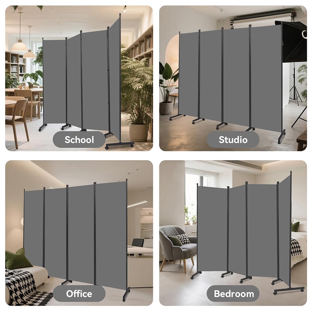 Foldeskærm med hjul / mobil skærmvæg / mørkegrå rumdeler 345 x 180 cm