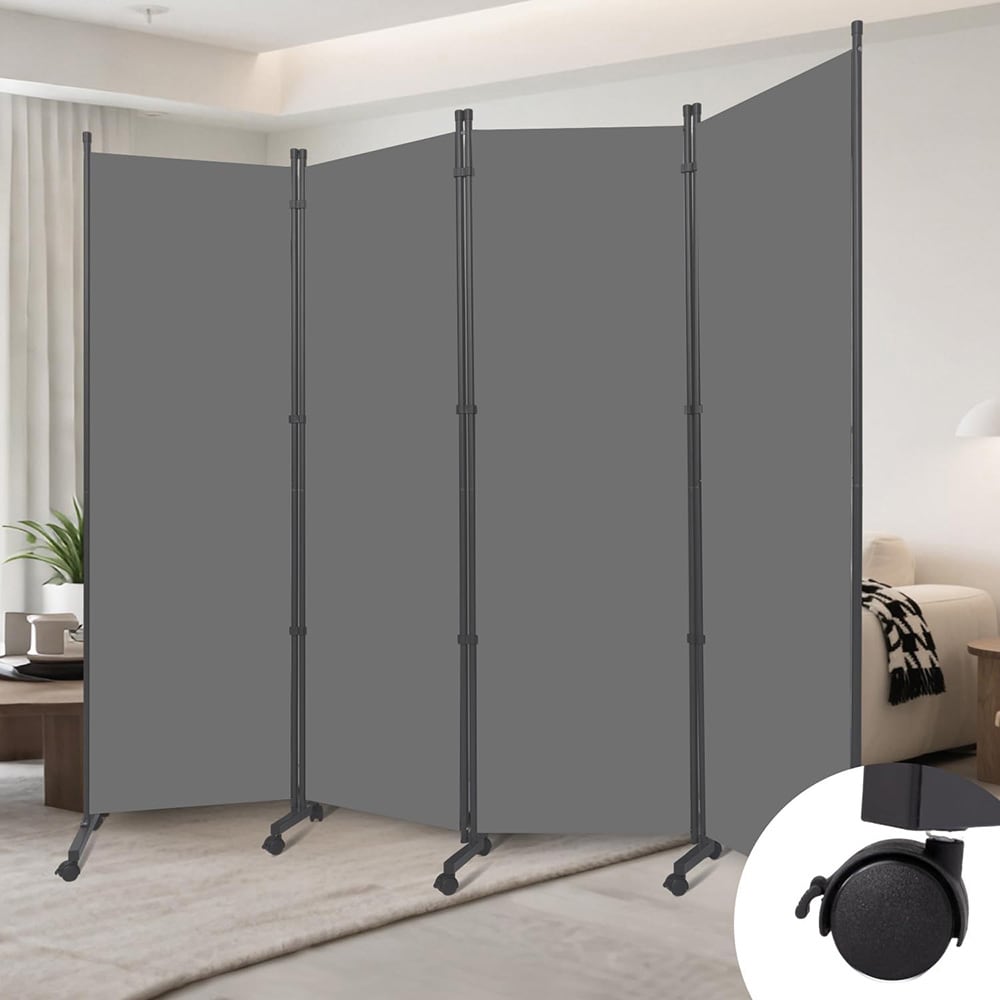 Foldeskærm med hjul / mobil skærmvæg / mørkegrå rumdeler 345 x 180 cm