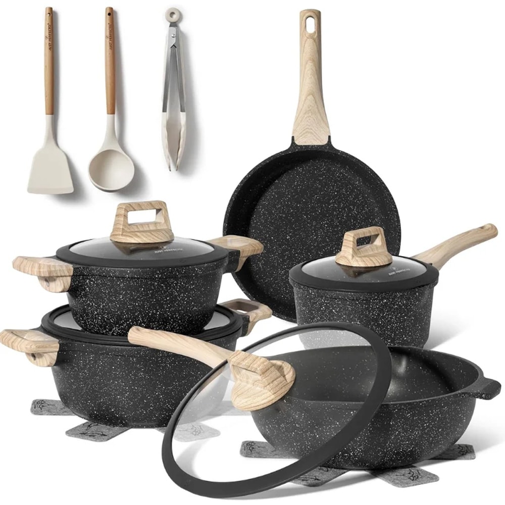 14-delt kogegrejssæt / sort gryde- og pandesæt / PFAS-fri non-stick-belægning til induktion