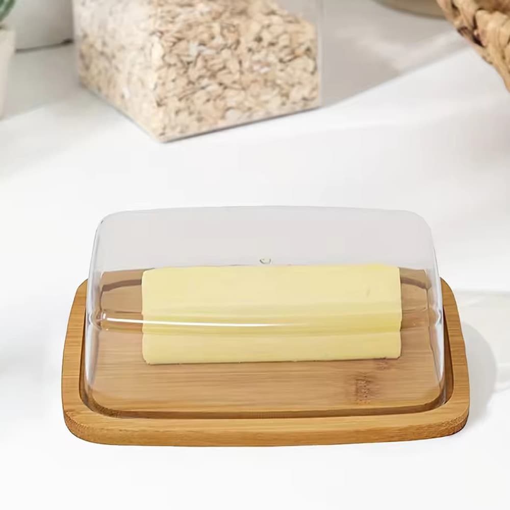 Smørskål i bambus / smørboks med gennemsigtigt låg og serveringsfad 24×18×7,5 cm