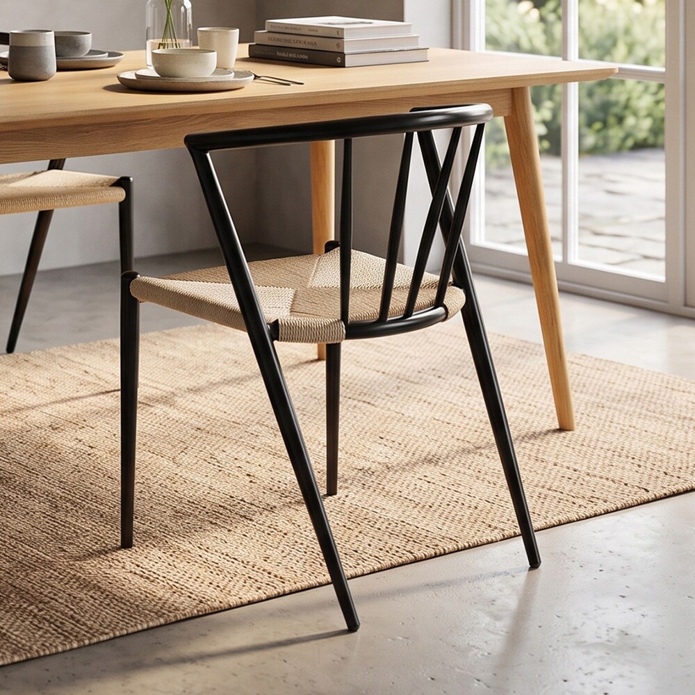 Spisestol med armlæn / sort stol med flettet sæde i naturfarvet jutesnor 44×46×70 cm