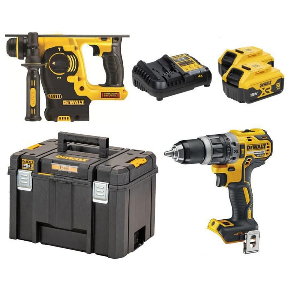 DeWalt DCK207P2T-QW 18 V XR-værktøjssæt / slagboremaskine og SDS-Plus-borehammer med batterier