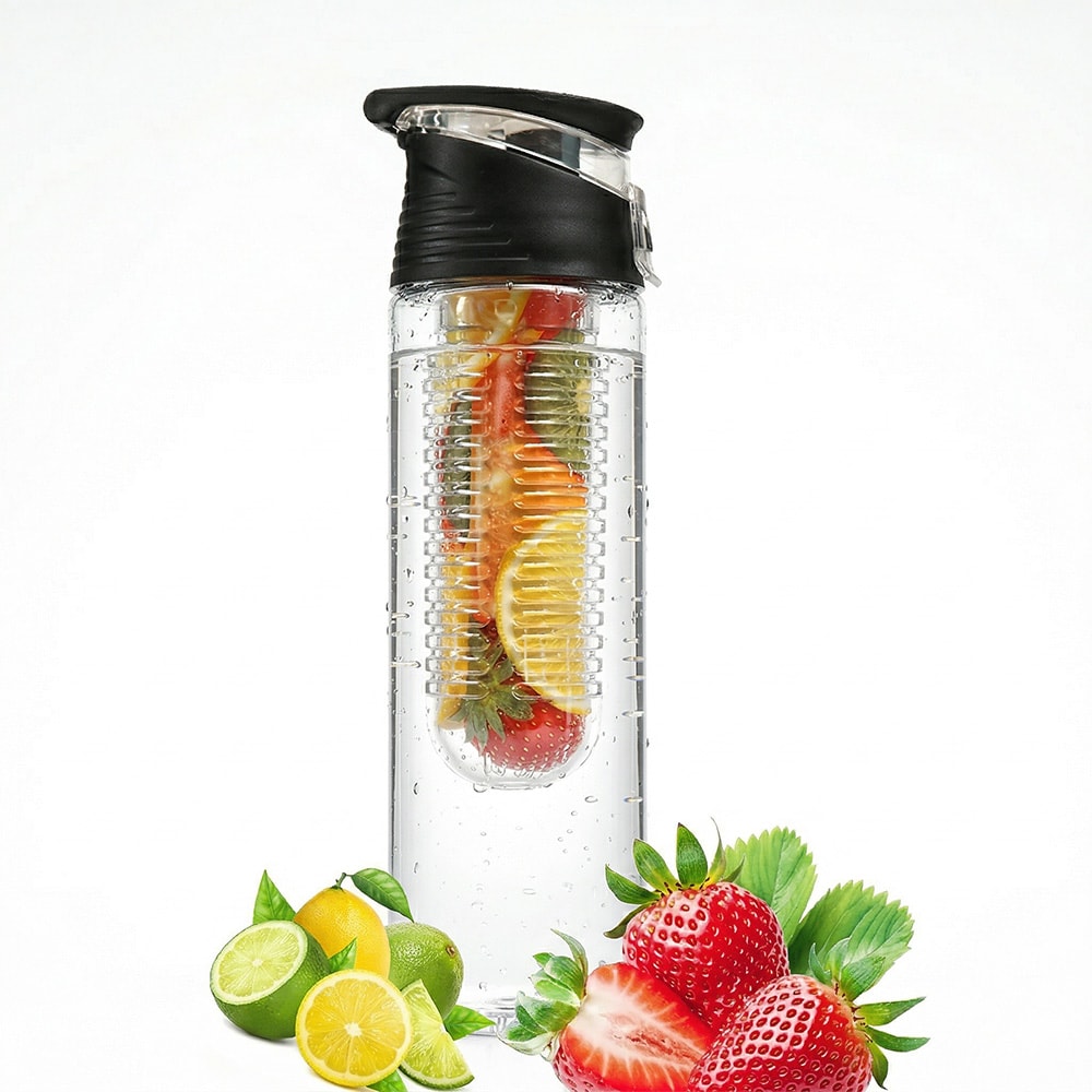 Vandflaske DB2607 med frugtbeholder, 700 ml – Svart / Infuserflaske / Frugtflaske