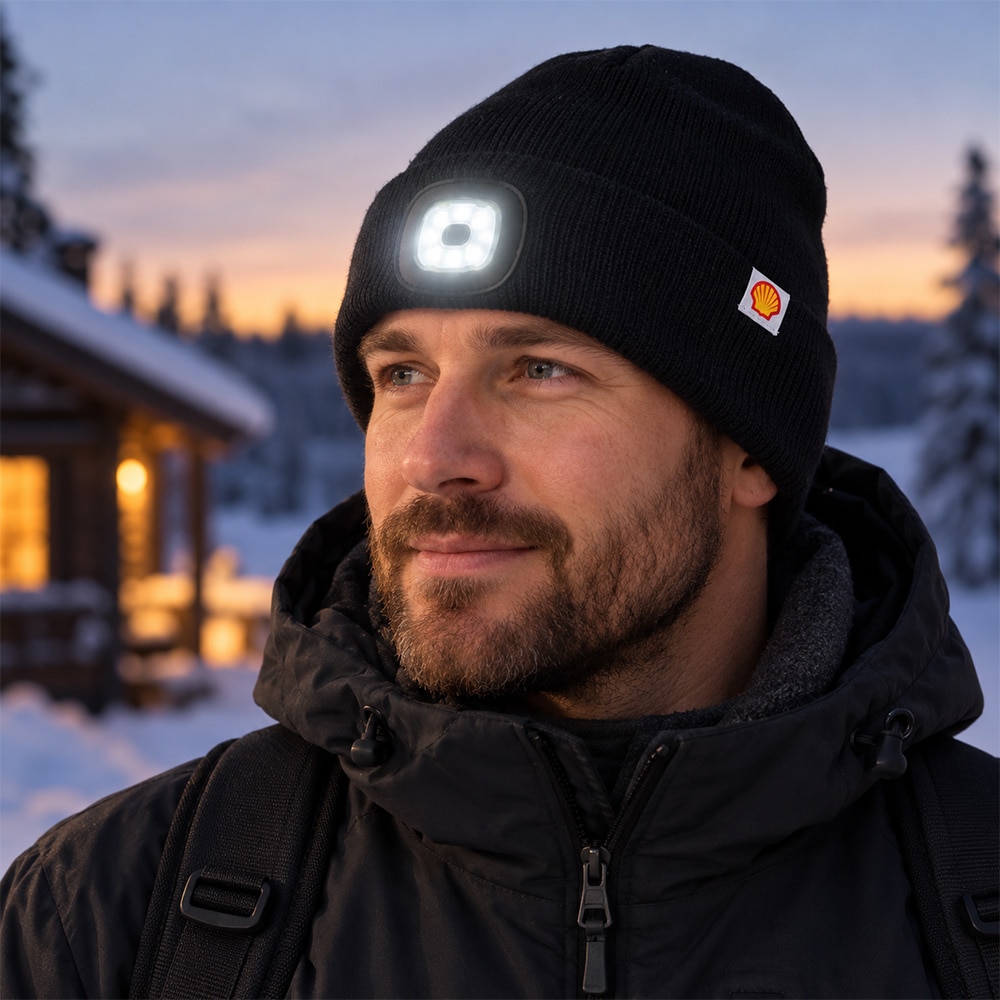 Strikket hue med LED-belysning og Shell-logo / LED-hue / Hue med lys