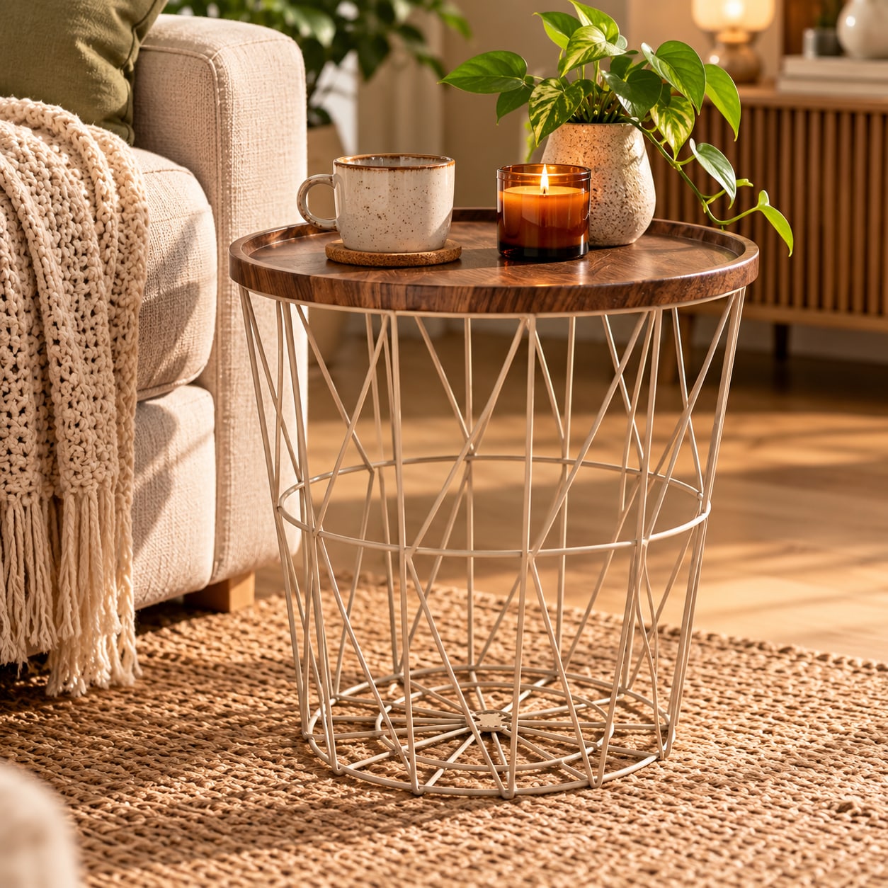 Sidebord i metal med MDF-plade 37x39 cm – Sand/Brun / Hjælpebord / Metalbord