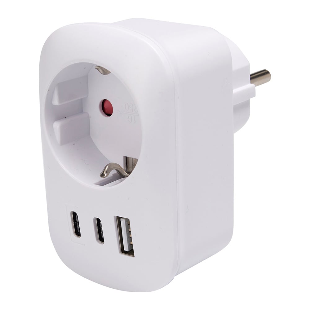 Stikadapter med stikkontakt og 2 USB-porte (C+A) – Hvid / USB-adapter / Stikdåse