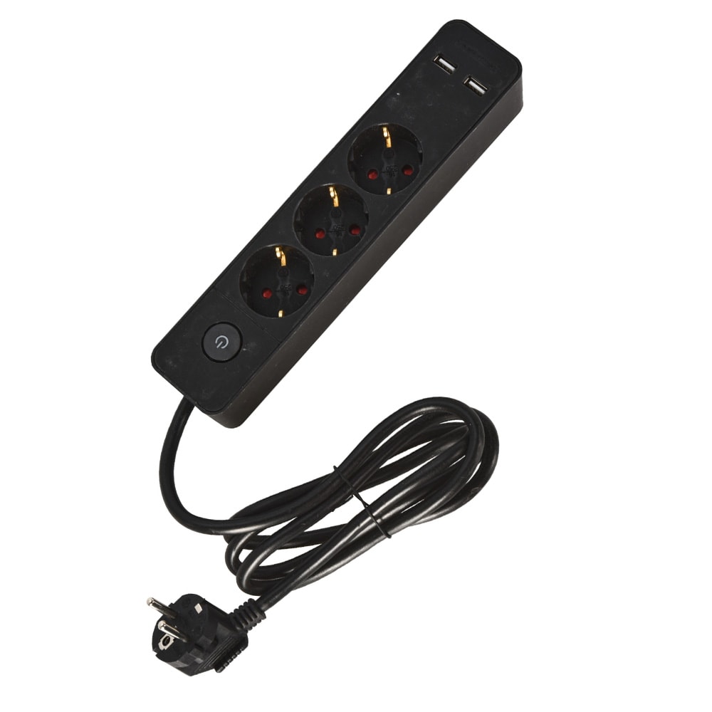 Stikdåse med 3 stikkontakter og 2 USB-porte / 1,4 m kabel med afbryder – Sort