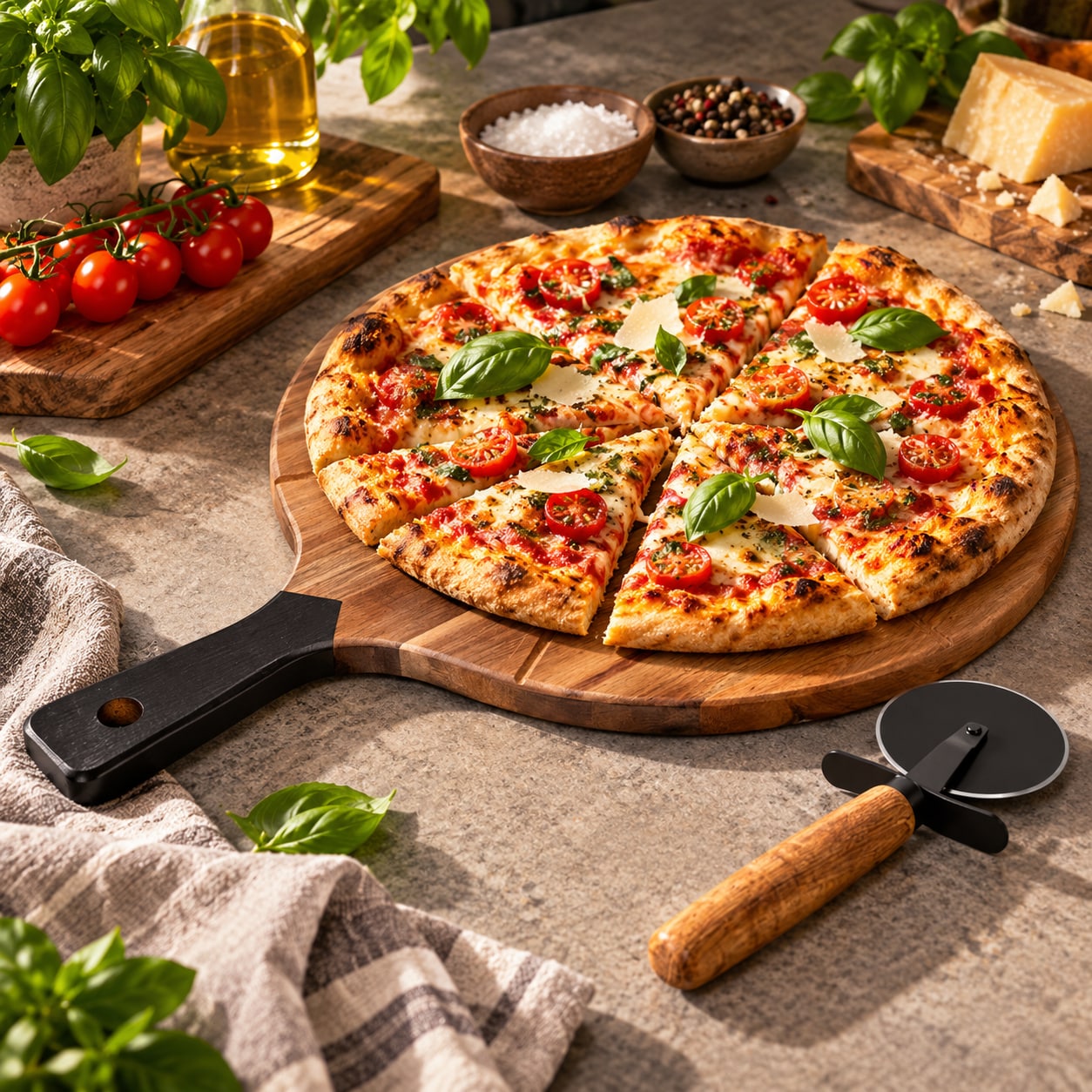 Pizzabræt i akacietræ, Ø 30 cm, med pizzaskærer, 2 dele / Pizzabræt / Pizzaserveringssæt