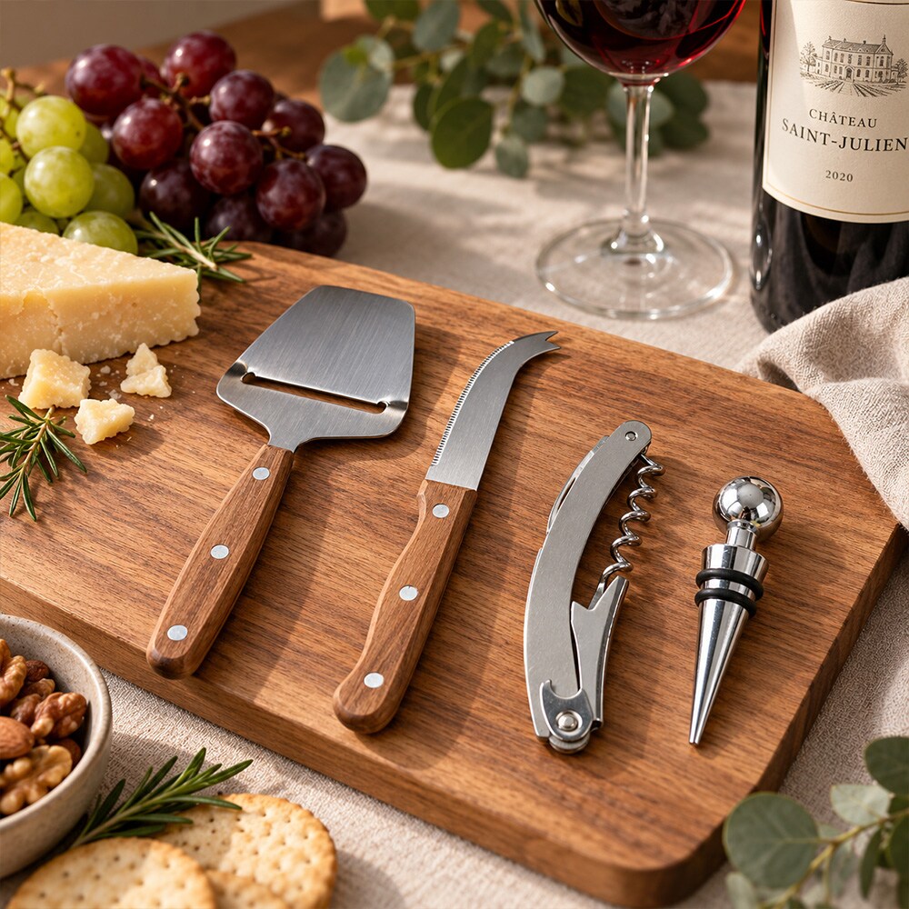 4-delt vin- og ostesæt i akacietræ og rustfrit stål / Ost- og vintilbehør / Serveringssæt