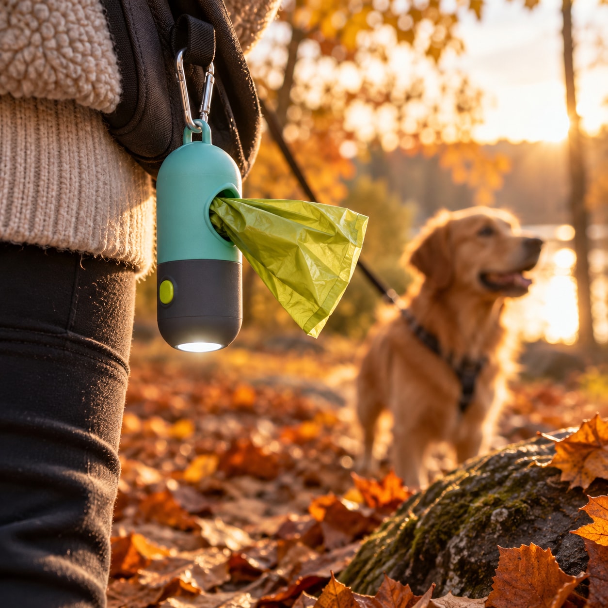 Poser til hundeefterladenskaber, 15-pak med holder og lygte / Holder til poser til hundeefterladenskaber / LED-holder til hunde