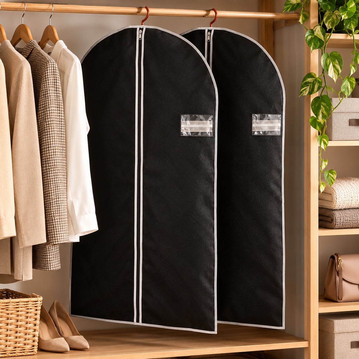 Tøjbeskyttelse med lynlås 60 x 150 cm, 2-pak – Svart / Tøjpose / Opbevaringspose til tøj