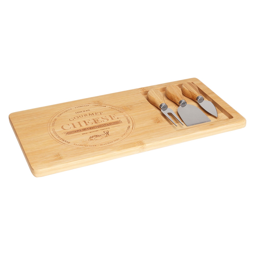 Ostefad i bambus, 38 x 18,5 cm, med 3 osteknive / Ostefad med knive / Osteserveringssæt