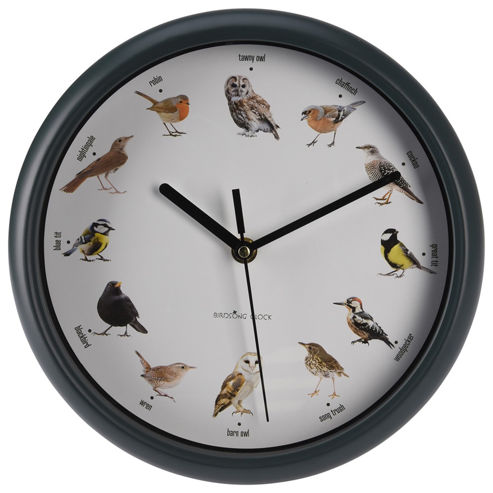 Vægur, Ø 25 cm, med fuglesang hver time – Grøn / Fugleur / Vægur med fuglelyde