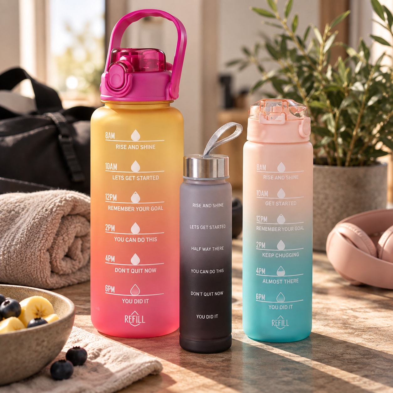 Vandflasker, 3-pak – 270 ml, 650 ml og 1800 ml / Vandflaskesæt / Drikkeflasker