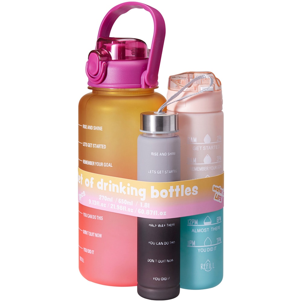 Vandflasker, 3-pak – 270 ml, 650 ml og 1800 ml / Vandflaskesæt / Drikkeflasker