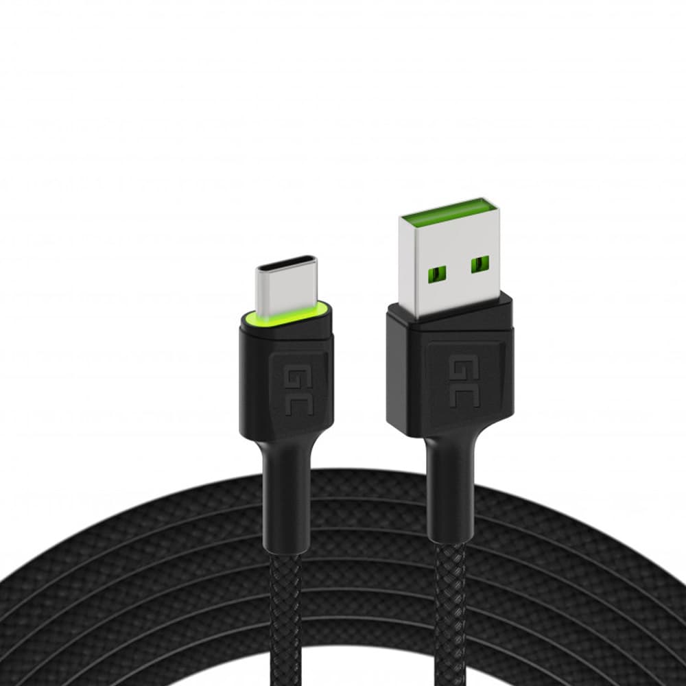Green Cell USB-kabel, USB til USB-C med LED, 200 cm, QC3.0 / USB-C-opladerkabel / USB-datakabel
