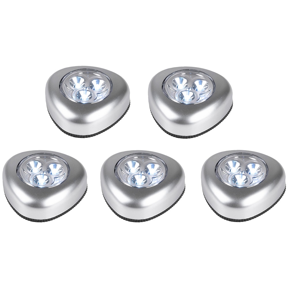 Batteridrevne LED-spotlights, Ø 70 mm, 5-pak / Tryklamper / Selvklæbende LED-lamper