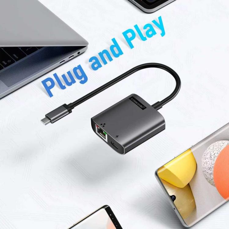 Lemorele TC35 USB-C-hub / USB-C-adapter med Gigabit Ethernet, USB-port og PD-opladning – Grå