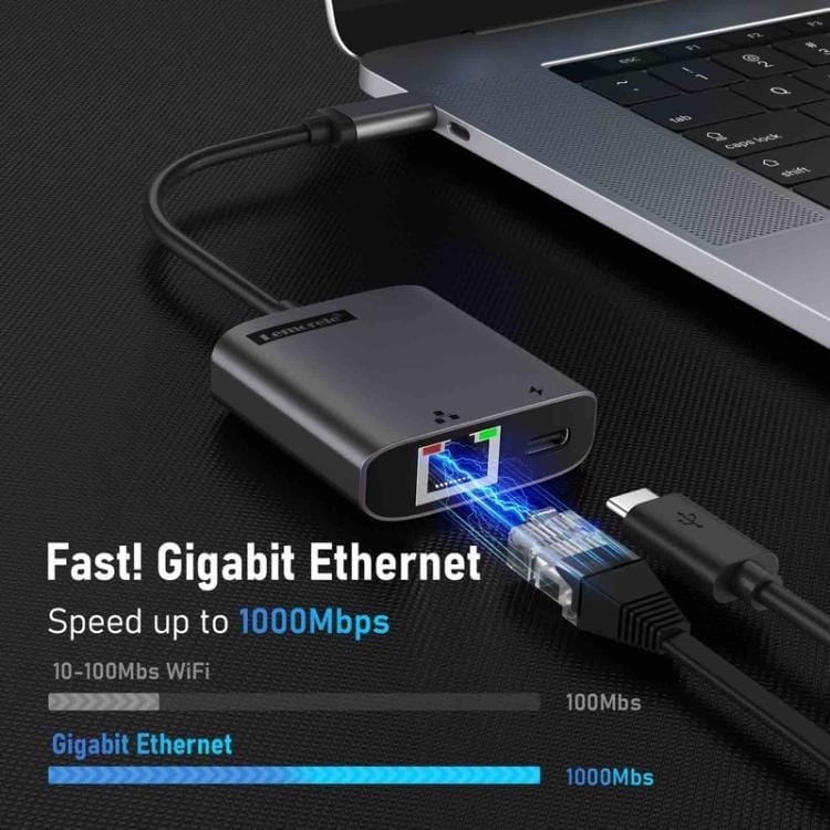 Lemorele TC35 USB-C-hub / USB-C-adapter med Gigabit Ethernet, USB-port og PD-opladning – Grå