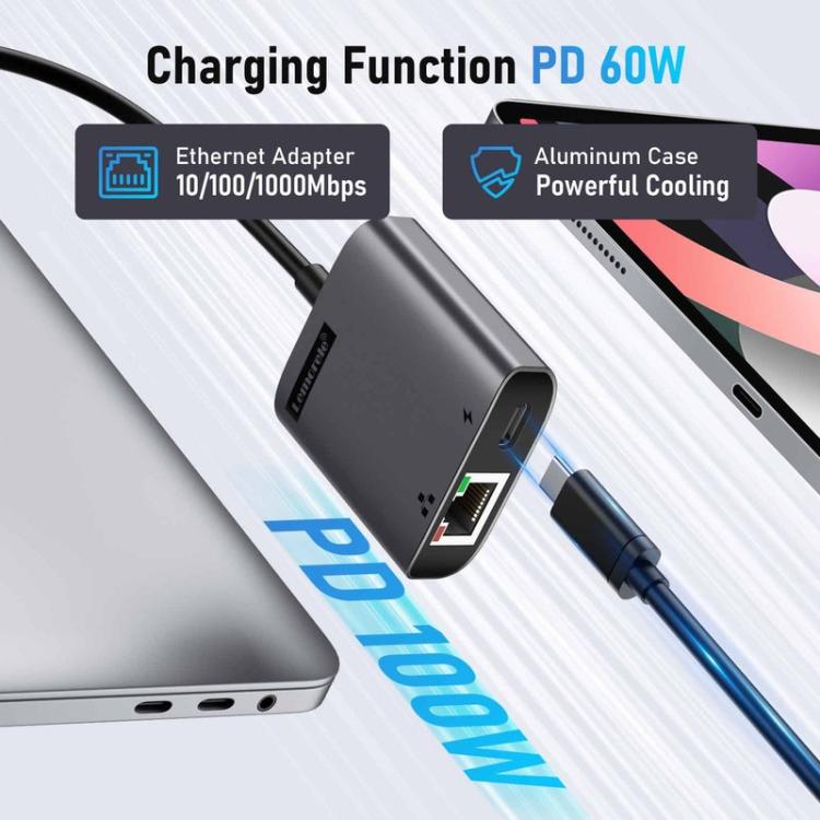 Lemorele TC35 USB-C-hub / USB-C-adapter med Gigabit Ethernet, USB-port og PD-opladning – Grå