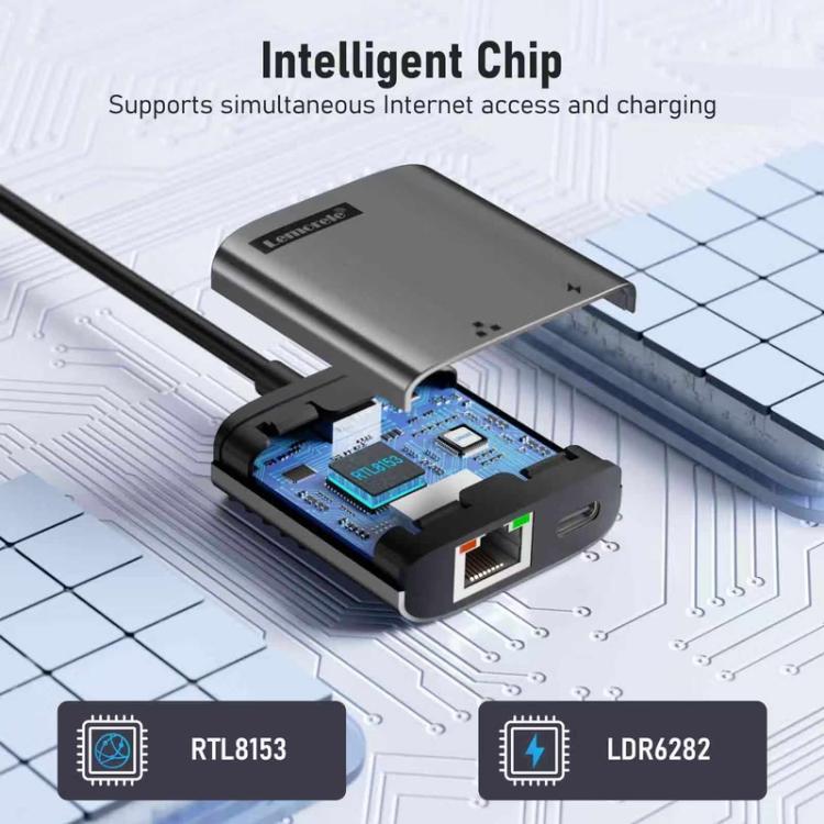 Lemorele TC35 USB-C-hub / USB-C-adapter med Gigabit Ethernet, USB-port og PD-opladning – Grå