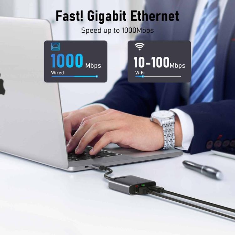 Lemorele TC35 USB-C-hub / USB-C-adapter med Gigabit Ethernet, USB-port og PD-opladning – Grå