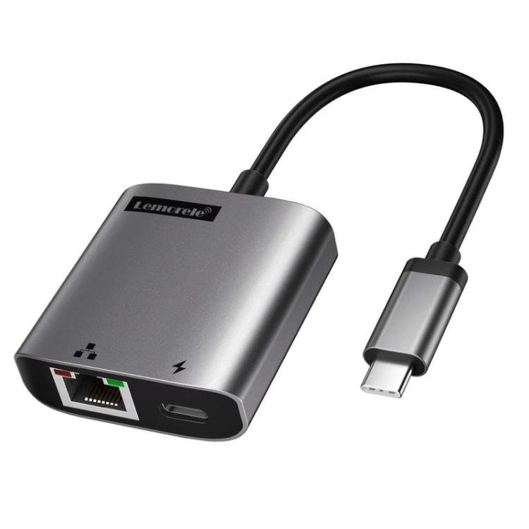 Lemorele TC35 USB-C-hub / USB-C-adapter med Gigabit Ethernet, USB-port og PD-opladning – Grå
