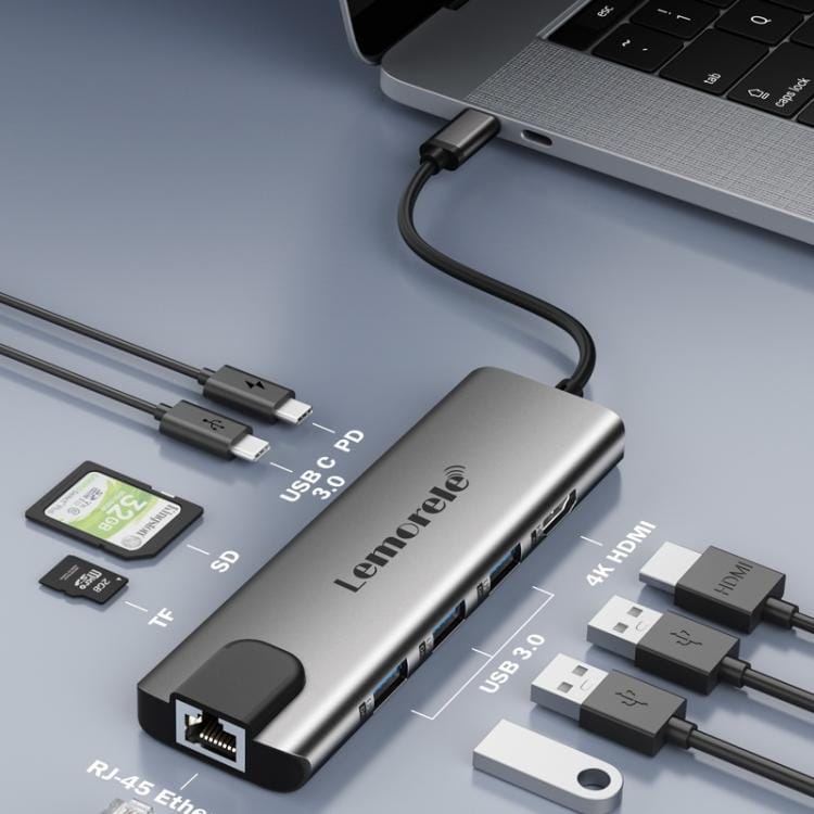 Lemorele TC39 9-i-1 USB-C-dockingstation / USB-C-hub med 4K HDMI, Gigabit Ethernet og 100 W PD-opladning