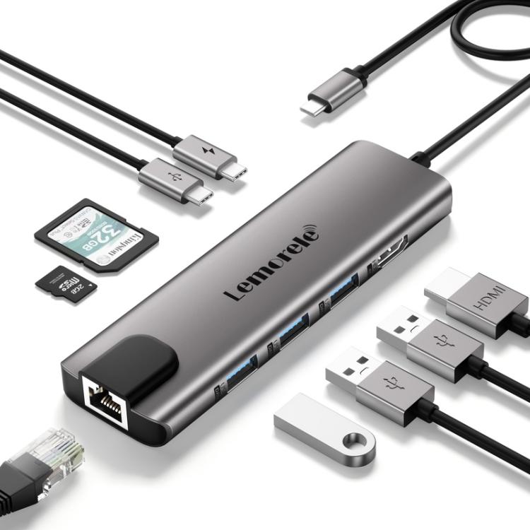 Lemorele TC39 9-i-1 USB-C-dockingstation / USB-C-hub med 4K HDMI, Gigabit Ethernet og 100 W PD-opladning