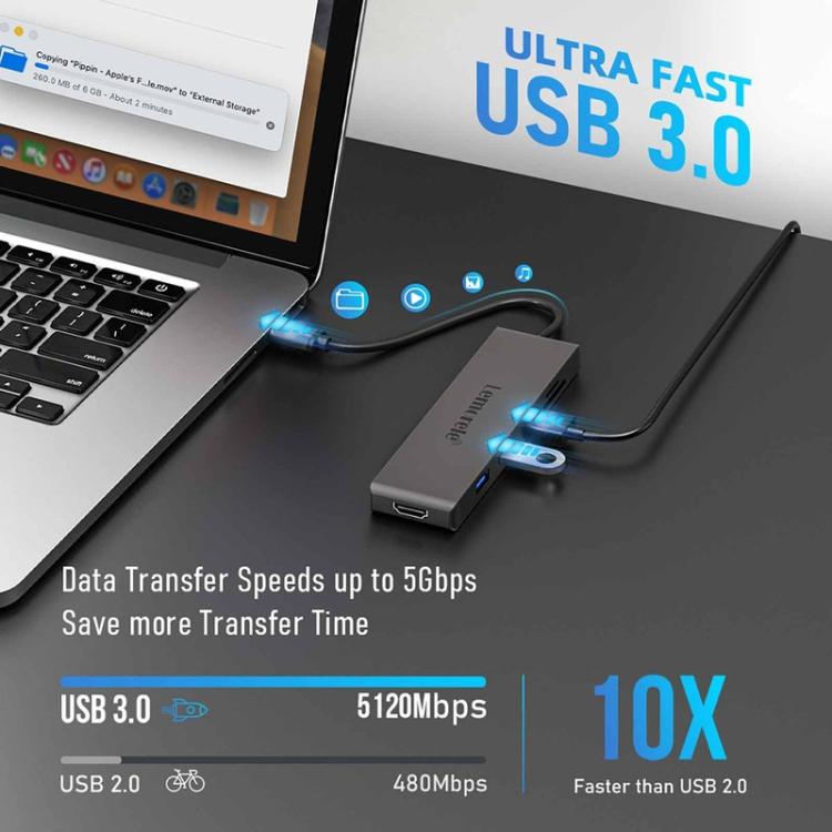 Lemorele TC23L 6-i-1 USB-C-dockingstation / USB-C-hub med 4K HDMI, Gigabit Ethernet og 100 W PD-opladning