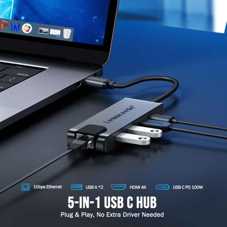 Lemorele TC24L 5-i-1 USB-C-dockingstation / USB-C-hub med 4K HDMI, USB 3.0, USB 2.0 og 100 W PD