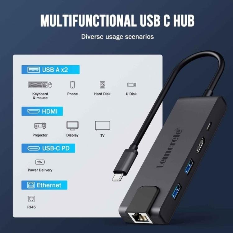 Lemorele TC24L 5-i-1 USB-C-dockingstation / USB-C-hub med 4K HDMI, USB 3.0, USB 2.0 og 100 W PD