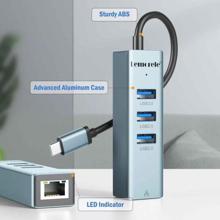 Lemorele USB-C-hub TC43L 4-i-1 med Gigabit Ethernet og USB / USB-C-adapter / Netværkshub