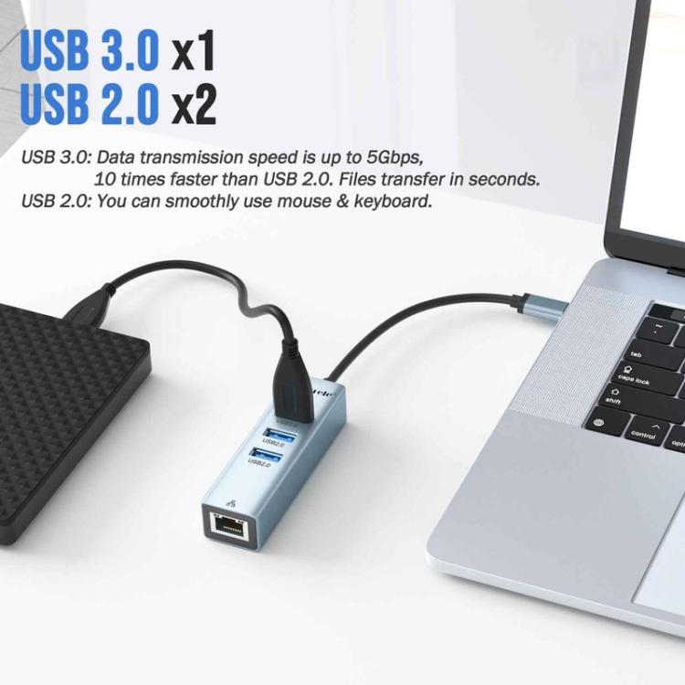 Lemorele USB-C-hub TC43L 4-i-1 med Gigabit Ethernet og USB / USB-C-adapter / Netværkshub