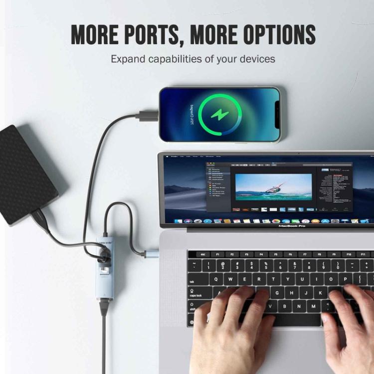 Lemorele USB-C-hub TC43L 4-i-1 med Gigabit Ethernet og USB / USB-C-adapter / Netværkshub