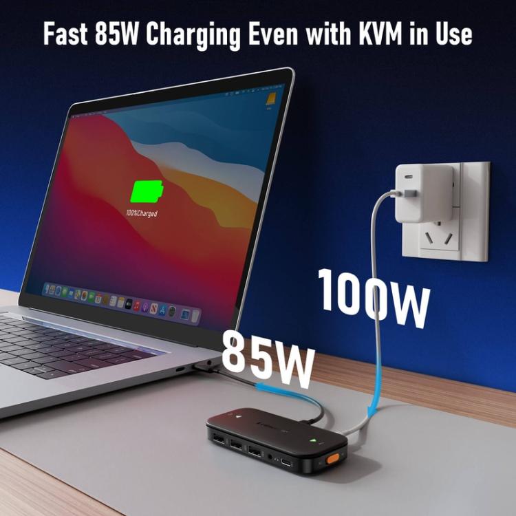 Lemorele KVM-switch H200 USB-C med HDMI 4K 60 Hz og 100 W PD / USB-C-switch / Computerswitch