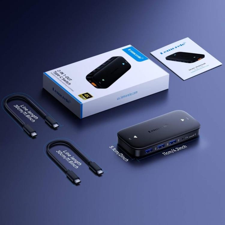 Lemorele KVM-switch H200 USB-C med HDMI 4K 60 Hz og 100 W PD / USB-C-switch / Computerswitch