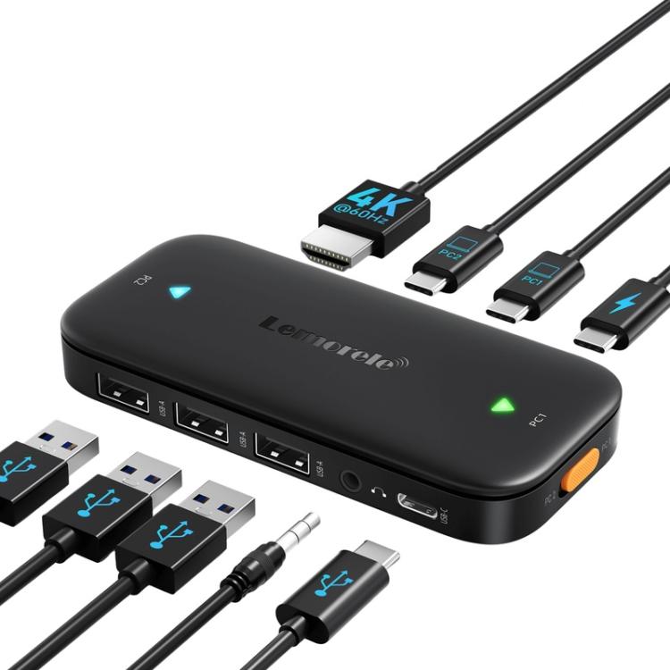 Lemorele KVM-switch H200 USB-C med HDMI 4K 60 Hz og 100 W PD / USB-C-switch / Computerswitch