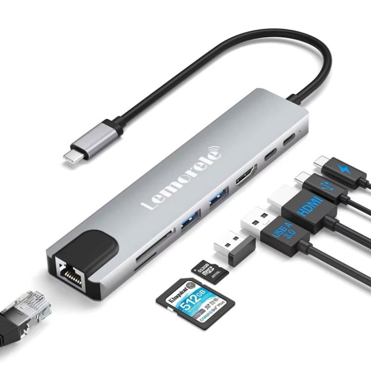 Lemorele TC19L Plus 8-i-1-dockingstation med HDMI 4K, Ethernet og 100 W PD / USB-hub / USB-dockingstation