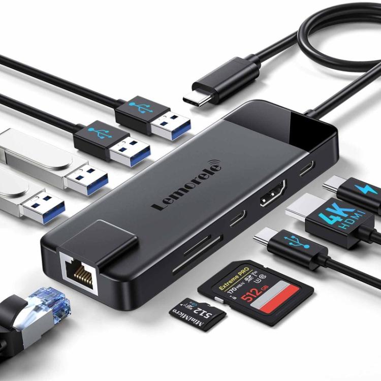 Lemorele TC93 10-i-1-dockingstation med HDMI, Gigabit Ethernet og PD-opladning / Docking / USB-hub