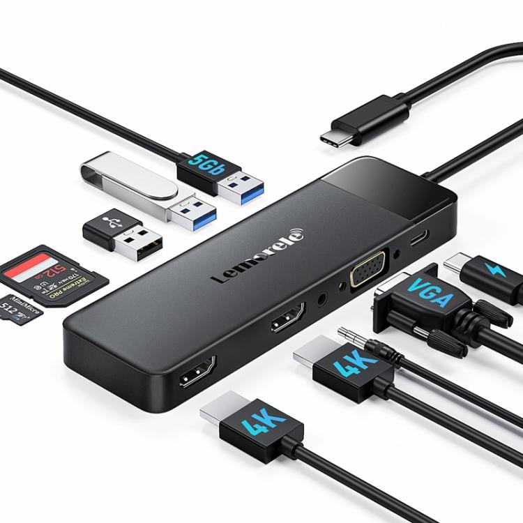 Lemorele TC94 10-i-1-dockingstation med dobbelt HDMI, VGA og 100 W PD / USB-C-dockingstation / AV-hub