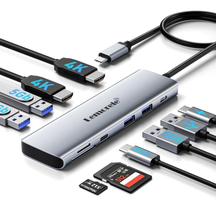Lemorele TC91 USB-C-dockingstation til tre skærme med Ethernet og 100 W PD / USB-dockingstation / Hub