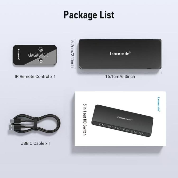 Lemorele HDMI-switch G96 5-indgange, 1-udgang, 4K med fjernbetjening – HDMI-switch – 5-ports switch