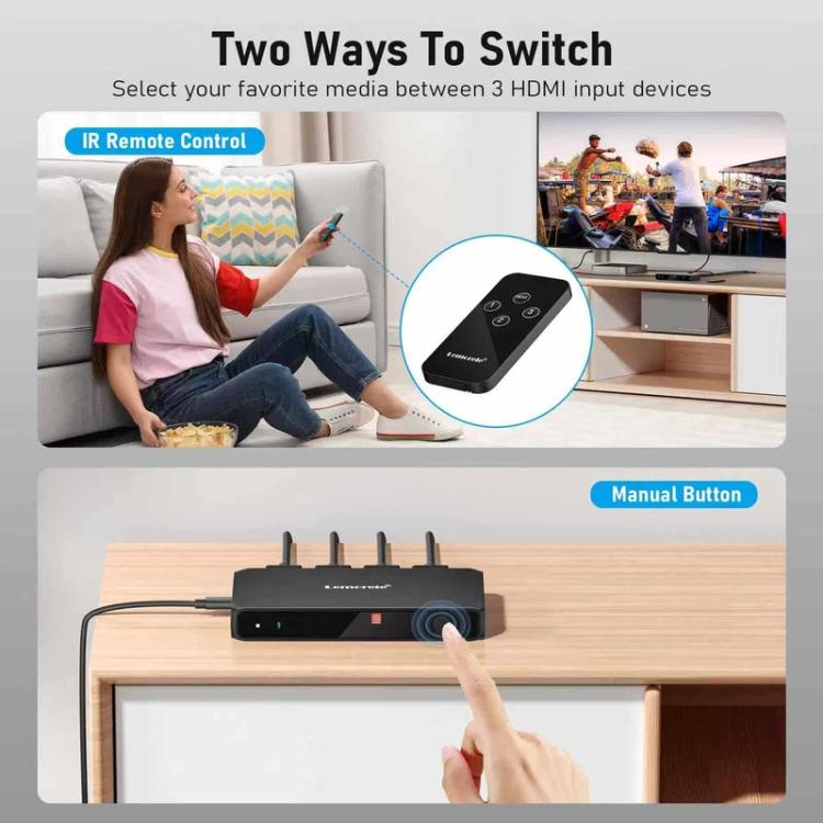 Lemorele HDMI-switch G99 3-indgange – 1-udgang 4K 60 Hz med fjernbetjening – HDMI-switch – 3-ports switch