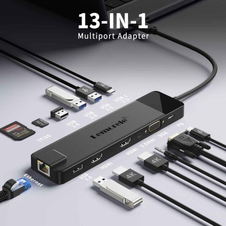 Lemorele TC100 13-i-1-dockingstation med HDMI, Gigabit Ethernet og PD-opladning / Dockingstation / Hub