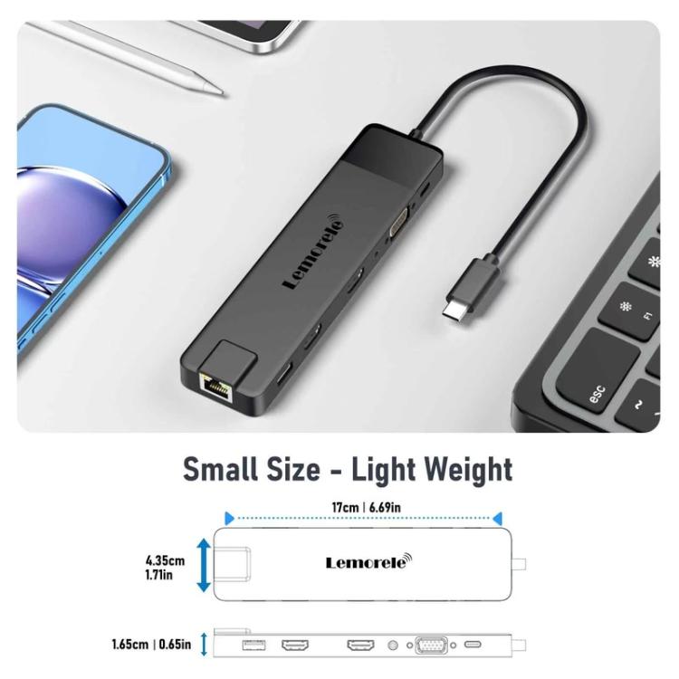 Lemorele TC100 13-i-1-dockingstation med HDMI, Gigabit Ethernet og PD-opladning / Dockingstation / Hub